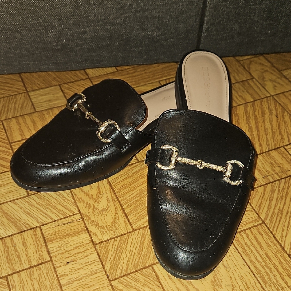 BCBG Elegant Black Leather Mules